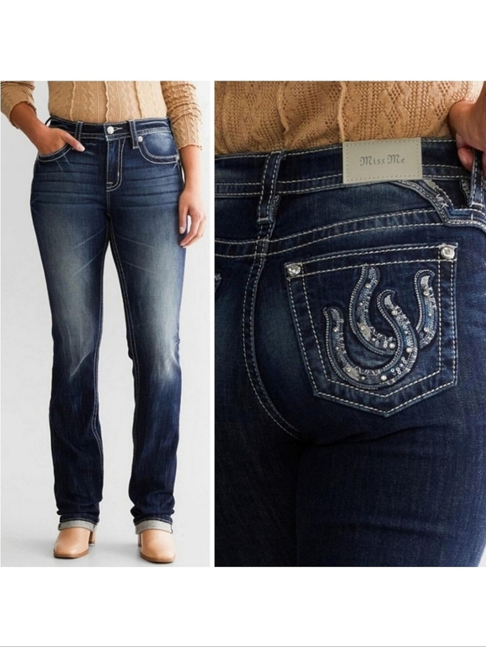 Miss Me Women's Straight Leg Jeans - Dark Indigo Wash with Faded Highlights